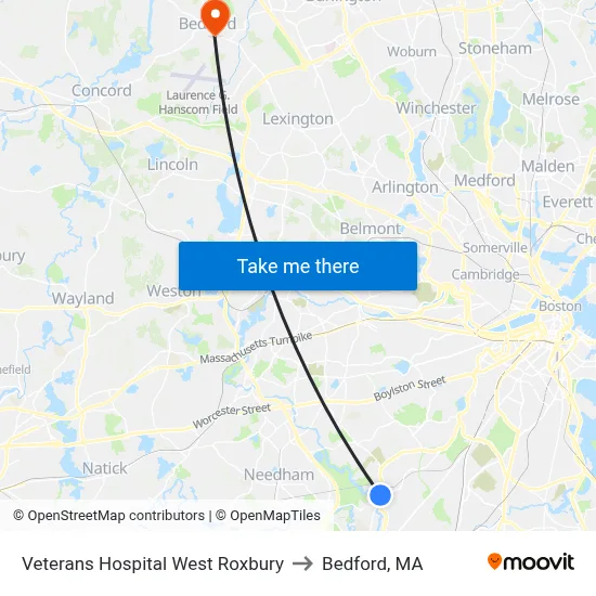 Veterans Hospital West Roxbury to Bedford, MA map