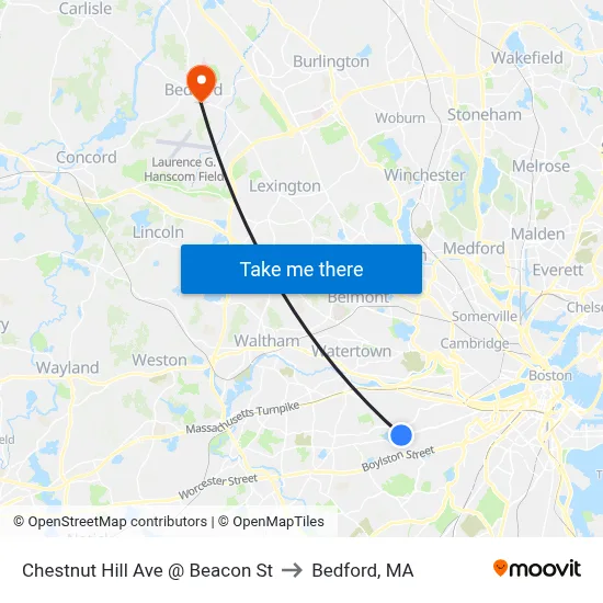 Chestnut Hill Ave @ Beacon St to Bedford, MA map