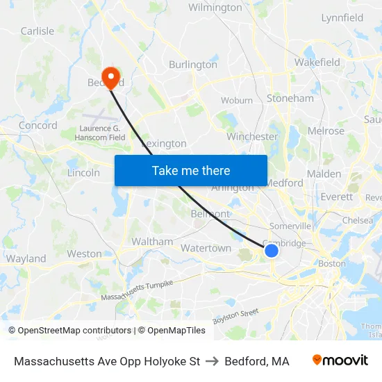 Massachusetts Ave Opp Holyoke St to Bedford, MA map