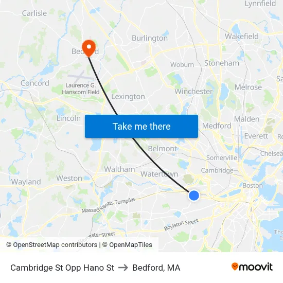 Cambridge St Opp Hano St to Bedford, MA map