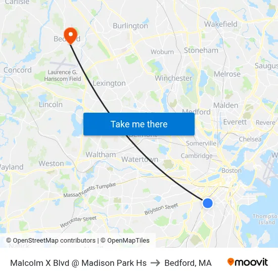 Malcolm X Blvd @ Madison Park Hs to Bedford, MA map