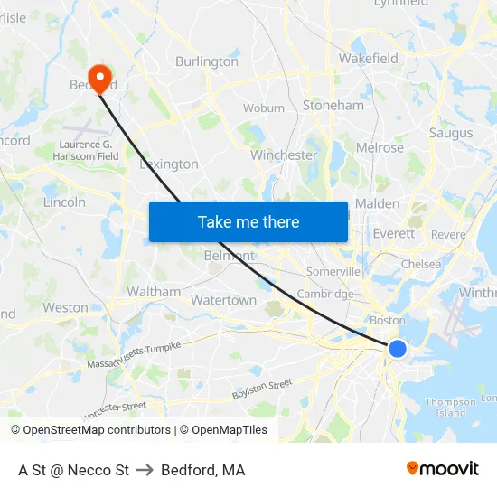 A St @ Necco St to Bedford, MA map