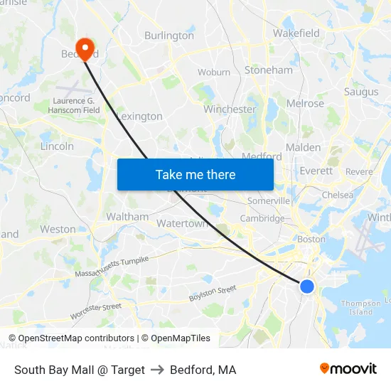 South Bay Mall @ Target to Bedford, MA map