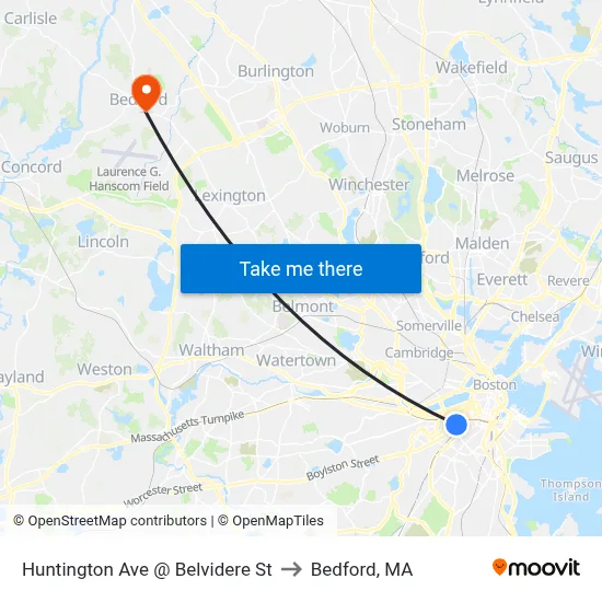 Huntington Ave @ Belvidere St to Bedford, MA map
