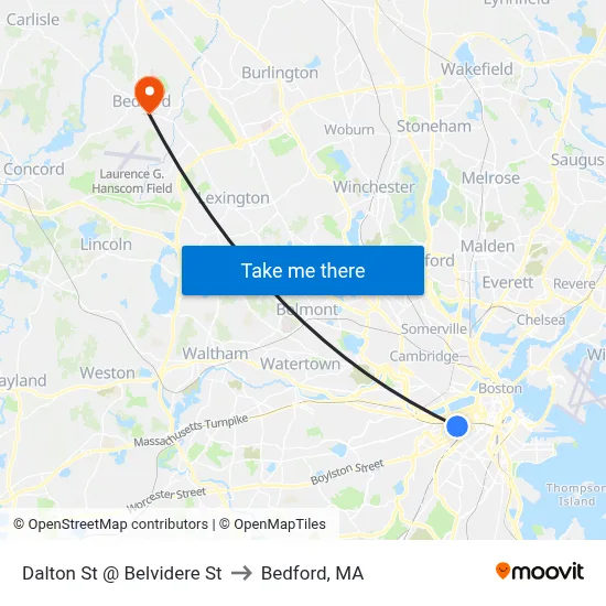 Dalton St @ Belvidere St to Bedford, MA map