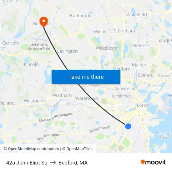 42a John Eliot Sq to Bedford, MA map