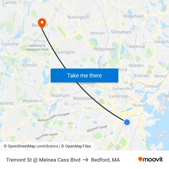 Tremont St @ Melnea Cass Blvd to Bedford, MA map