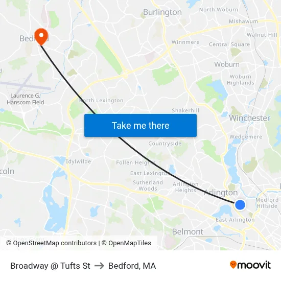 Broadway @ Tufts St to Bedford, MA map