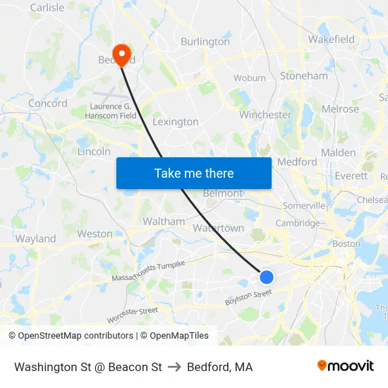 Washington St @ Beacon St to Bedford, MA map