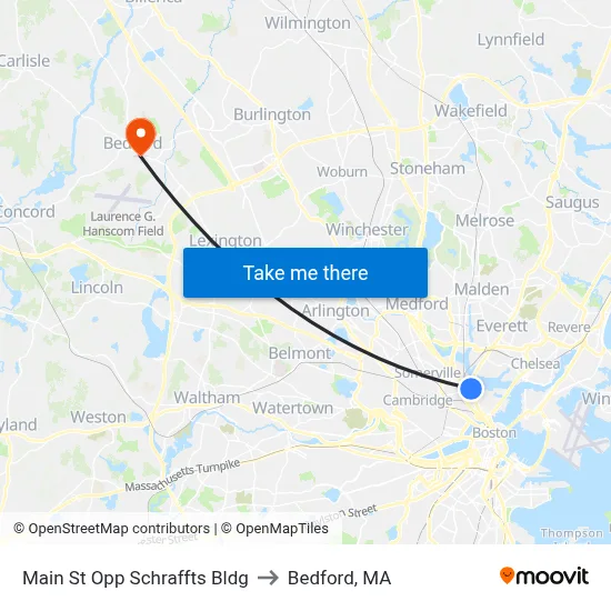 Main St Opp Schraffts Bldg to Bedford, MA map
