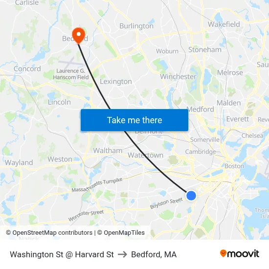 Washington St @ Harvard St to Bedford, MA map