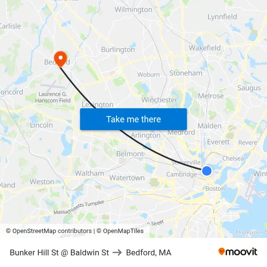 Bunker Hill St @ Baldwin St to Bedford, MA map