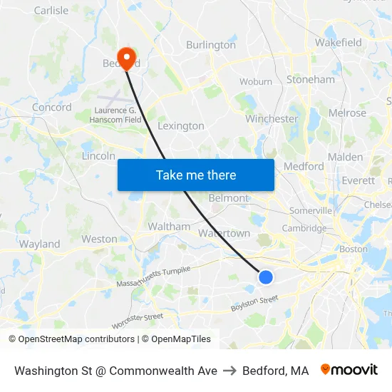 Washington St @ Commonwealth Ave to Bedford, MA map