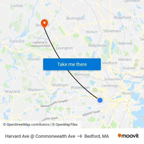 Harvard Ave @ Commonwealth Ave to Bedford, MA map