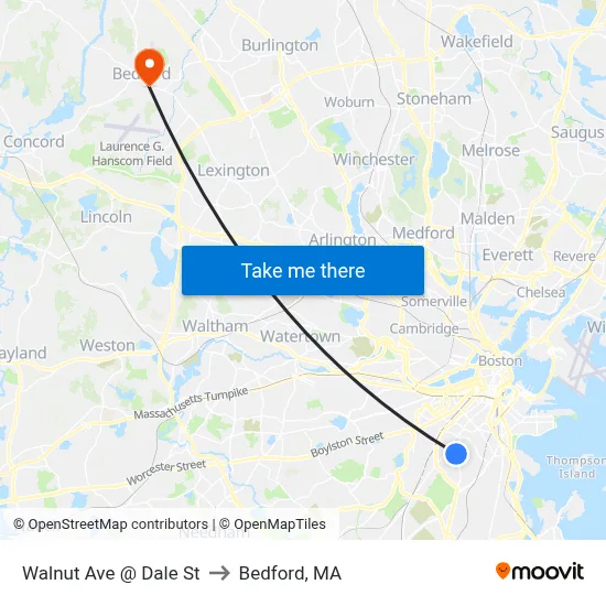 Walnut Ave @ Dale St to Bedford, MA map