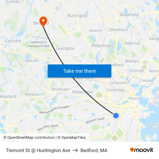 Tremont St @ Huntington Ave to Bedford, MA map