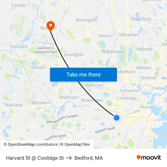 Harvard St @ Coolidge St to Bedford, MA map