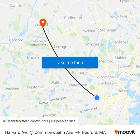 Harvard Ave @ Commonwealth Ave to Bedford, MA map