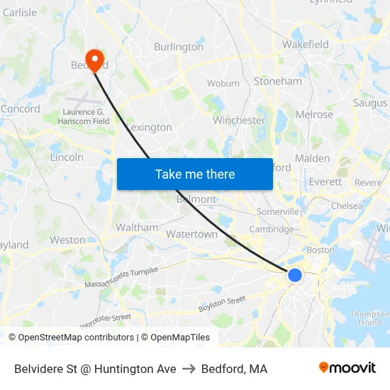 Belvidere St @ Huntington Ave to Bedford, MA map