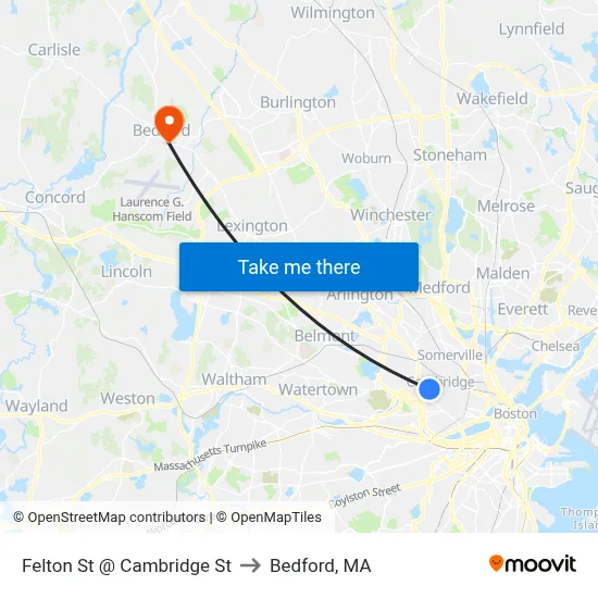 Felton St @ Cambridge St to Bedford, MA map