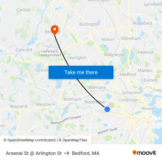 Arsenal St @ Arlington St to Bedford, MA map