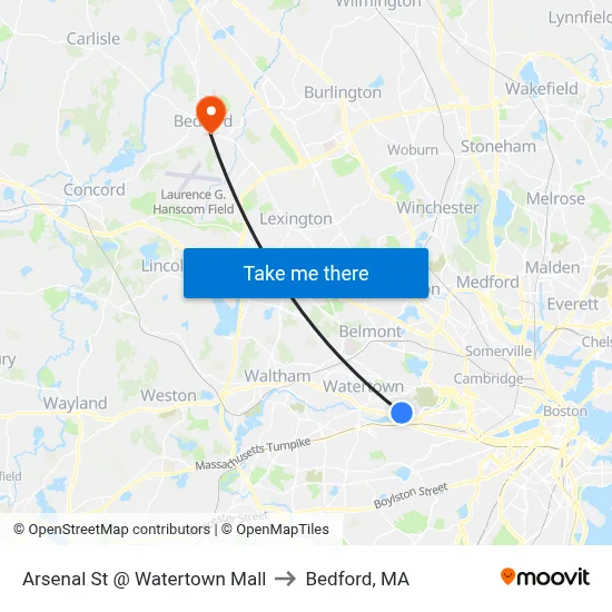 Arsenal St @ Watertown Mall to Bedford, MA map