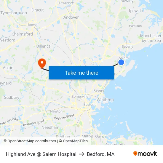 Highland Ave @ Salem Hospital to Bedford, MA map