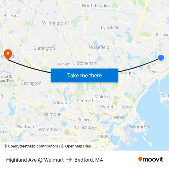 Highland Ave @ Walmart to Bedford, MA map