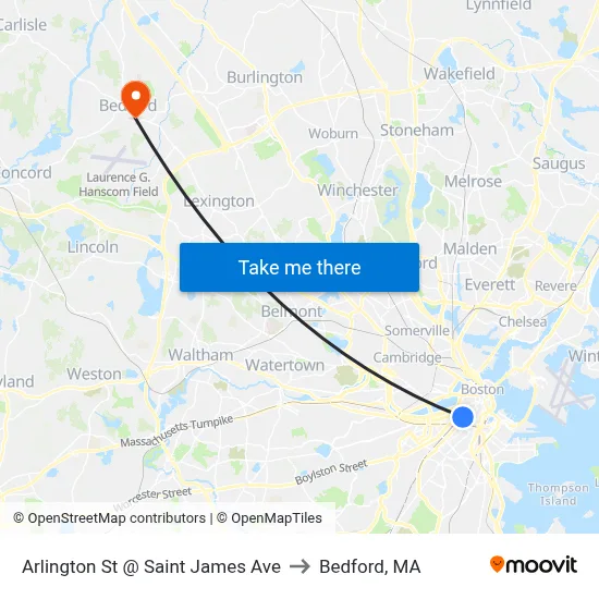 Arlington St @ Saint James Ave to Bedford, MA map