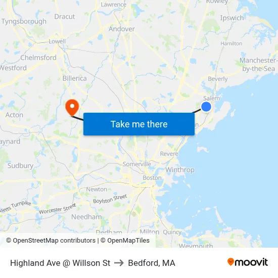 Highland Ave @ Willson St to Bedford, MA map