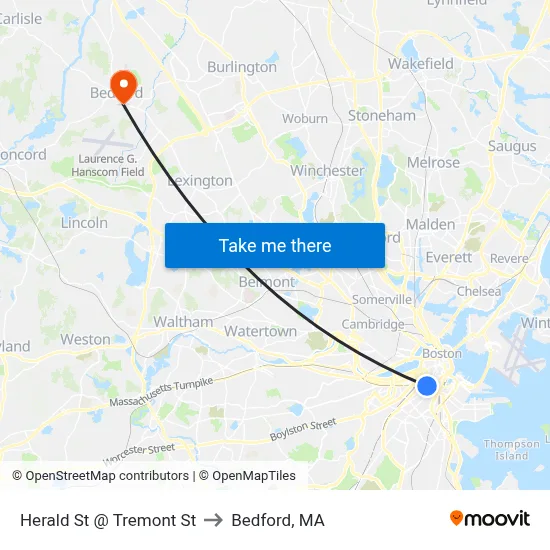 Herald St @ Tremont St to Bedford, MA map