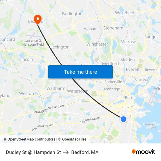 Dudley St @ Hampden St to Bedford, MA map