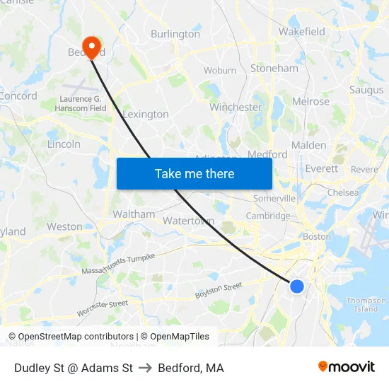 Dudley St @ Adams St to Bedford, MA map
