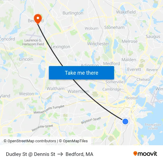 Dudley St @ Dennis St to Bedford, MA map