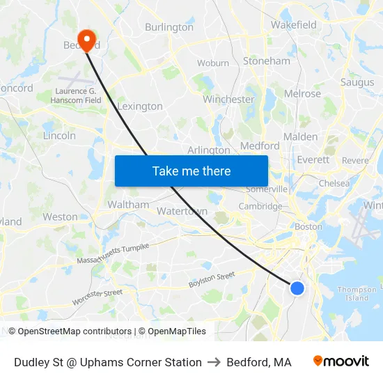 Dudley St @ Uphams Corner Station to Bedford, MA map