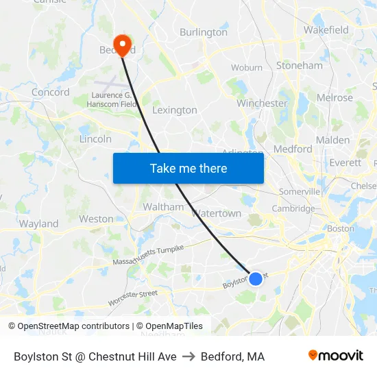 Boylston St @ Chestnut Hill Ave to Bedford, MA map