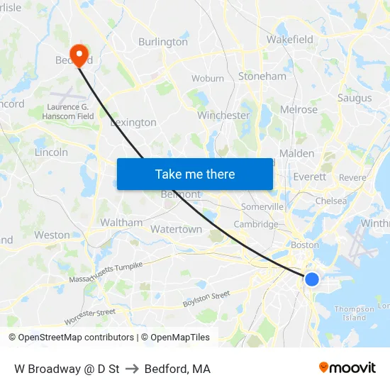 W Broadway @ D St to Bedford, MA map