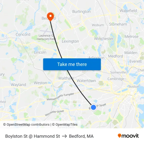 Boylston St @ Hammond St to Bedford, MA map