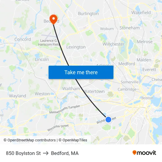 850 Boylston St to Bedford, MA map
