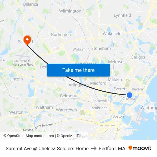 Summit Ave @ Chelsea Soldiers Home to Bedford, MA map