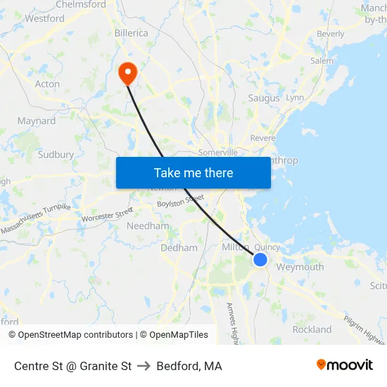 Centre St @ Granite St to Bedford, MA map