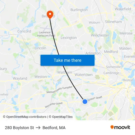 280 Boylston St to Bedford, MA map