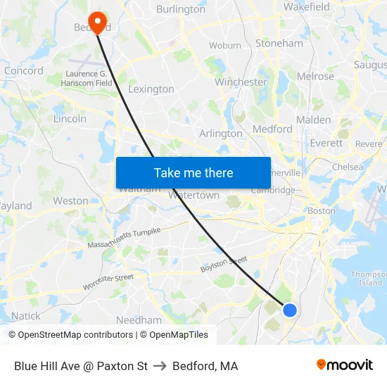 Blue Hill Ave @ Paxton St to Bedford, MA map