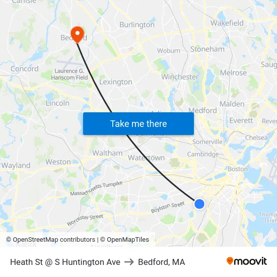 Heath St @ S Huntington Ave to Bedford, MA map