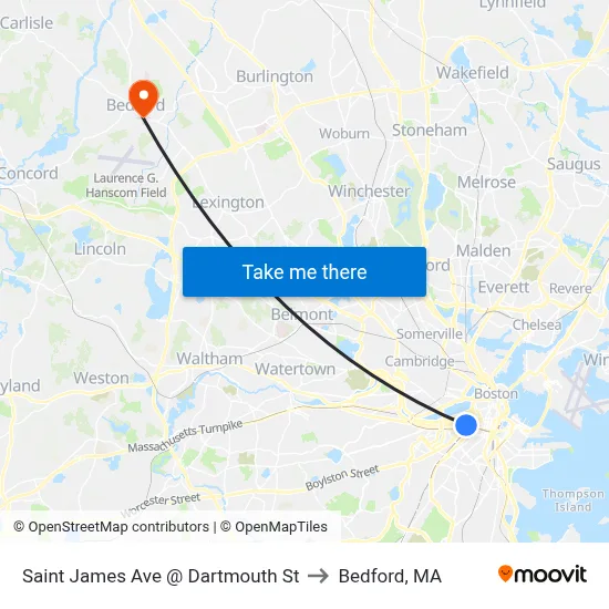 Saint James Ave @ Dartmouth St to Bedford, MA map