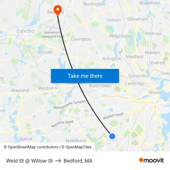 Weld St @ Willow St to Bedford, MA map