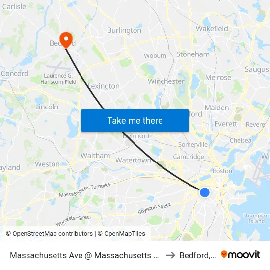 Massachusetts Ave @ Massachusetts Ave Station to Bedford, MA map