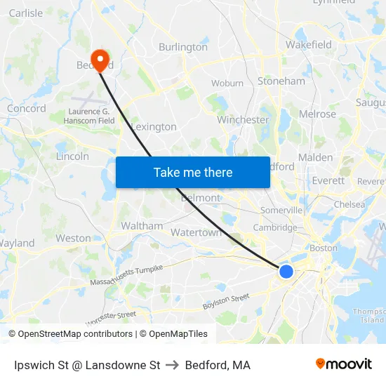 Ipswich St @ Lansdowne St to Bedford, MA map