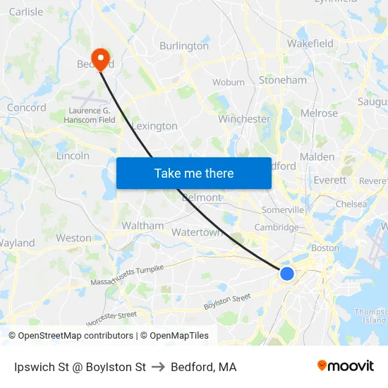 Ipswich St @ Boylston St to Bedford, MA map