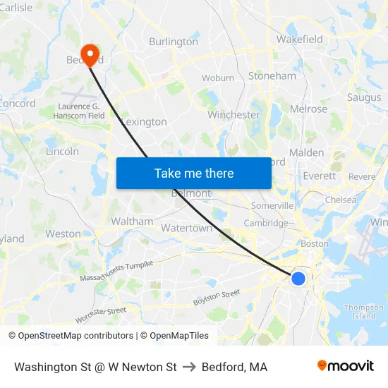 Washington St @ W Newton St to Bedford, MA map